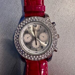 White House Black Market Silver and Red Leather Watch EUC